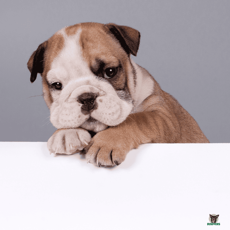 Old English Bulldog Welpe steht an Mauer Old English Bulldog Welpe steht an Mauer