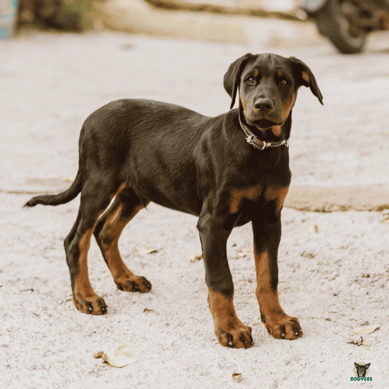 Dobermann Welpe schaut neugierig Dobermann Welpe schaut neugierig