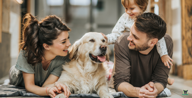 Hunderatgeber Hundehaltung Familie mit Hund auf dem Boden im Zimmer Hunderatgeber Hundehaltung Familie mit Hund auf dem Boden im Zimmer