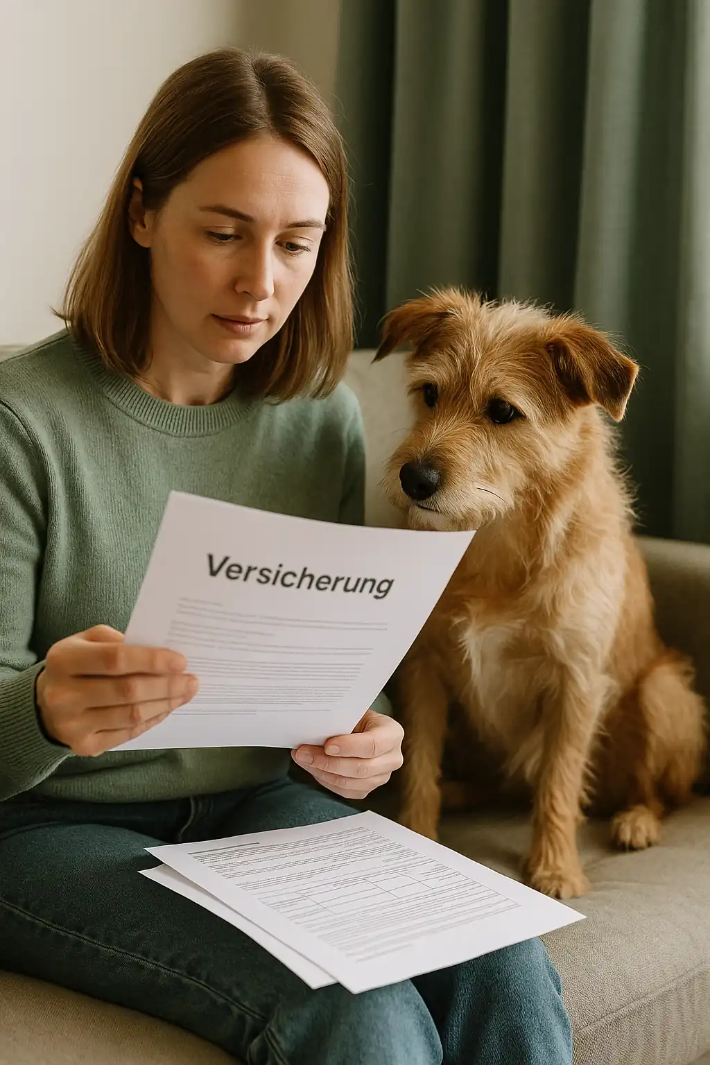 hundekrankenversicherung-kuendigungsunterlagen (1) Die Hundehalterhin schaut sich die Kündigungsunterlagen ihrer Hundekrankenversicherung mit ihrem Hund an
