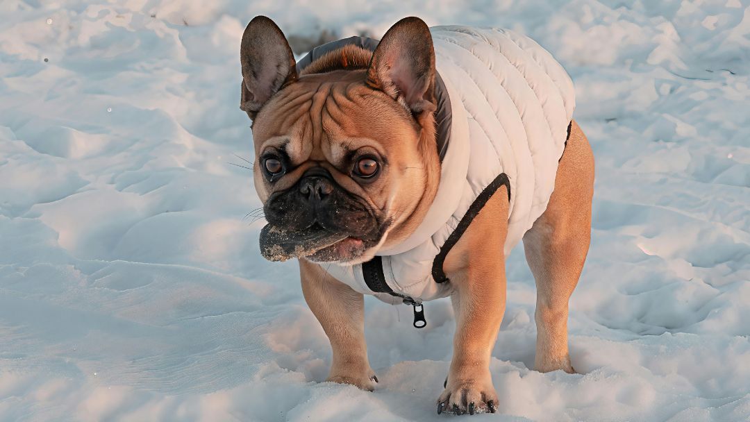 Französische-Bulldogge-Haltung Französische Bulldogge draußen mit Kleidung
