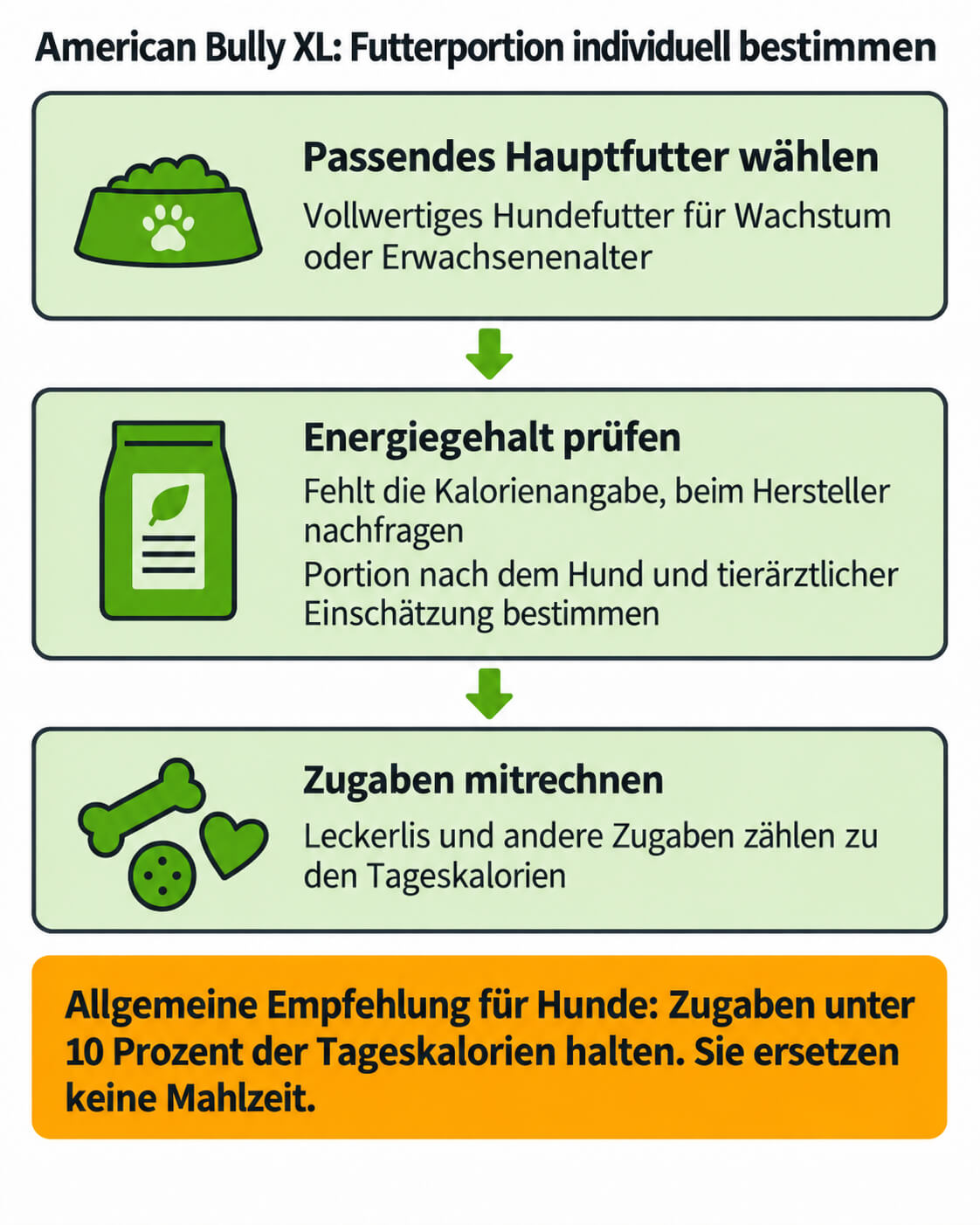 american-bully-xl-futterportion-zugaben Drei Schritte zur Fütterung eines American Bully XL: vollwertiges Futter zur Lebensphase wählen, Energiegehalt und individuelle Portion klären und Leckerlis in die Tageskalorien einrechnen; Zugaben bleiben nach allgemeiner Hundeempfehlung unter zehn Prozent.