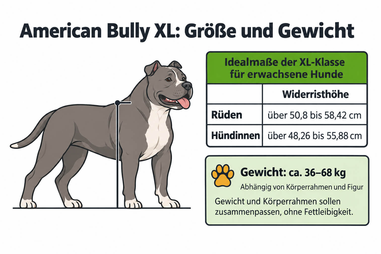 american-bully-xl-groesse-gewicht Vektorinfografik zum American Bully XL mit markierter Widerristhöhe, Idealmaßen für erwachsene Rüden und Hündinnen und einer getrennten Einordnung des ungefähren Gewichts nach Körperrahmen und Figur.