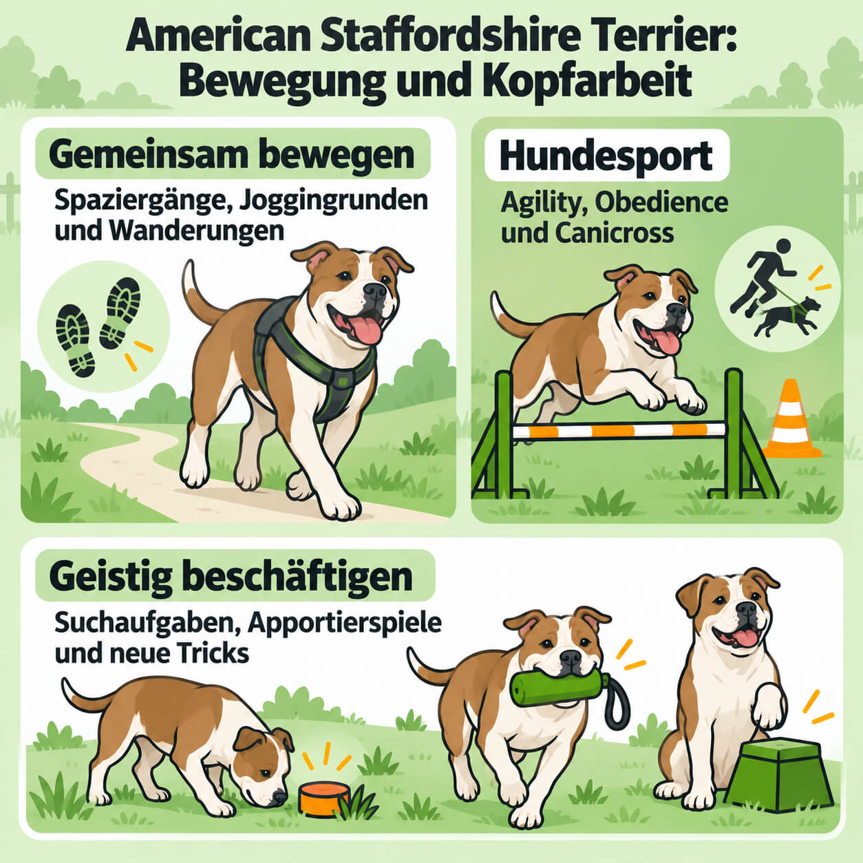 american-staffordshire-terrier-bewegung-kopfarbeit American Staffordshire Terrier: Drei Felder zeigen gemeinsame Bewegung, Hundesport und geistige Beschäftigung mit Beispielen aus dem Alltag.