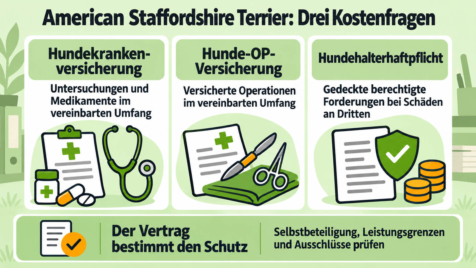 american-staffordshire-terrier-versicherung-kostenarten American Staffordshire Terrier: Drei gleichwertige Karten ordnen Untersuchungen und Medikamente, versicherte Operationen sowie gedeckte Schäden an Dritten den Versicherungsarten zu; der Vertragsvorbehalt steht darunter.