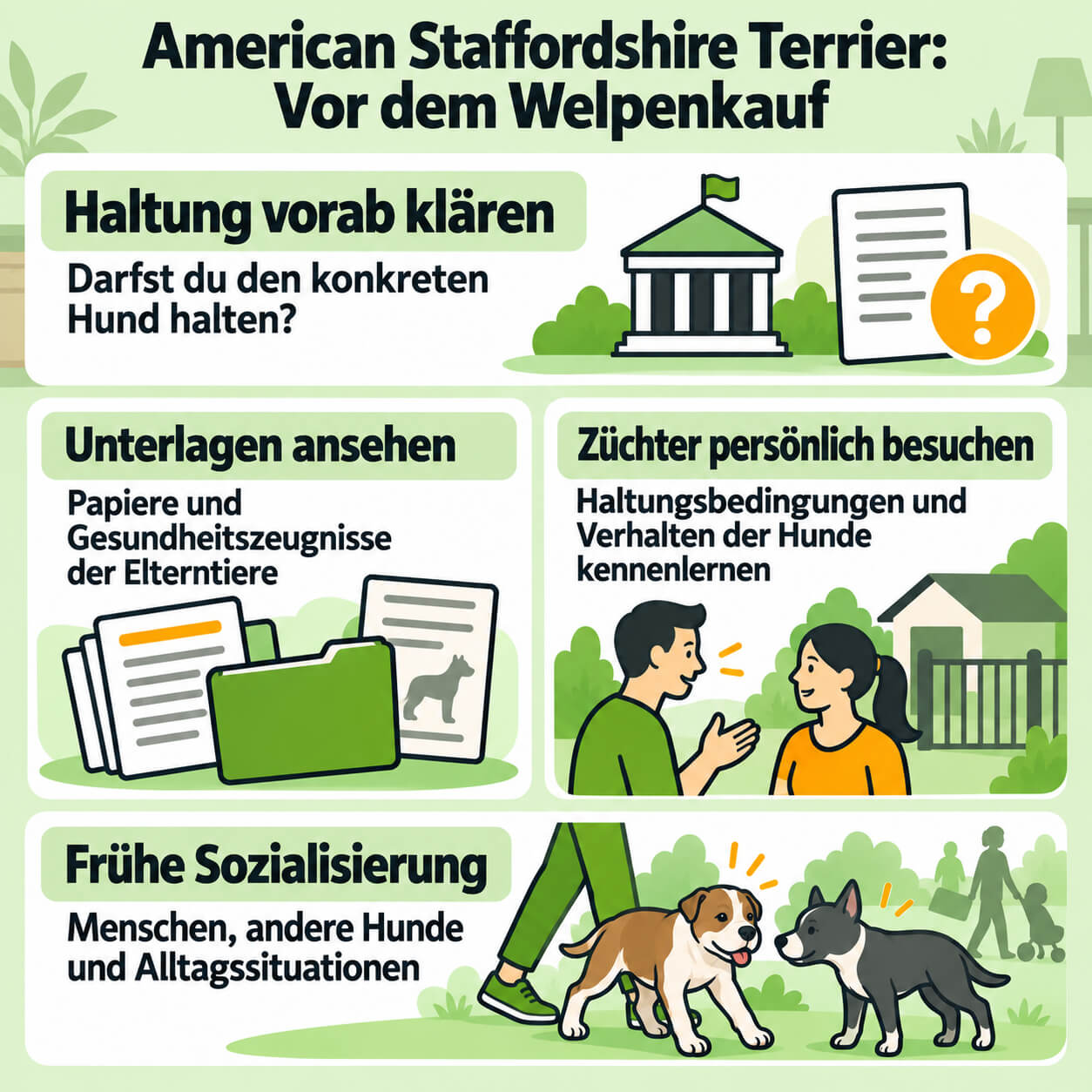 american-staffordshire-terrier-welpenkauf-nachweise American Staffordshire Terrier: Vier Karten bündeln vor dem Welpenkauf die Klärung der Haltung, Unterlagen der Elterntiere, den persönlichen Züchterbesuch und frühe Sozialisierung.