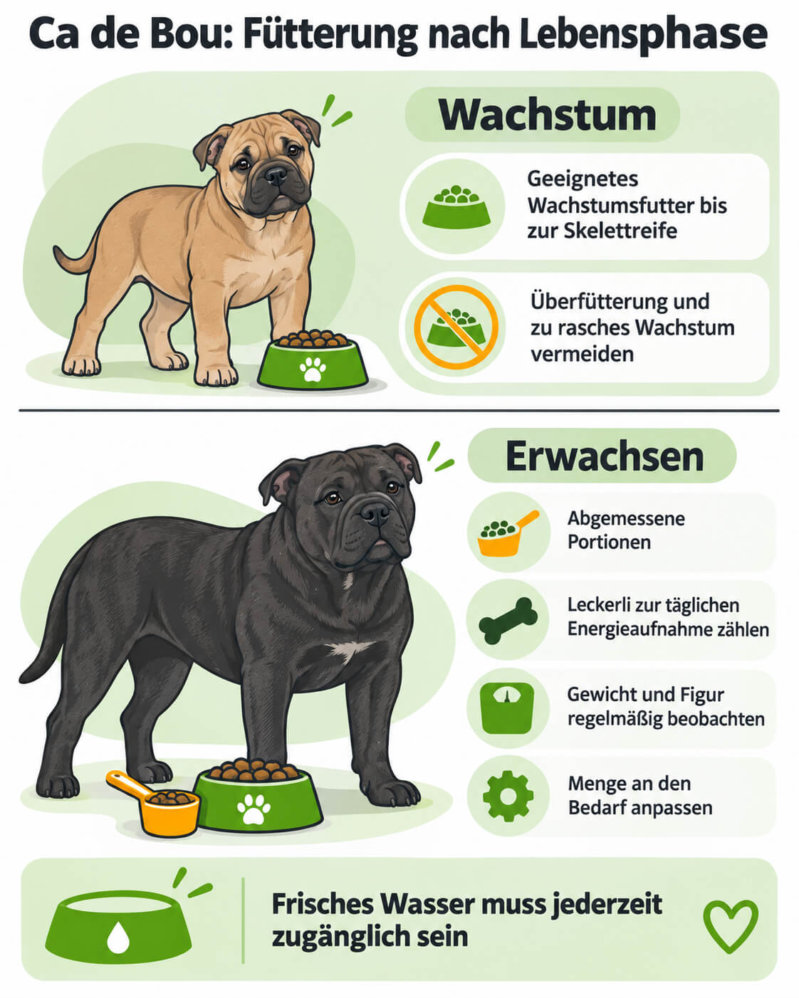 ca-de-bou-wachstum-portionen Ca de Bou: Ein falbfarbener Welpe und ein schwarzer erwachsener Hund mit natürlichen Rosenohren veranschaulichen getrennte Fütterungshinweise für Wachstum und Erwachsenenalter mit Portionen, Leckerli, Gewichtskontrolle und Wasser.