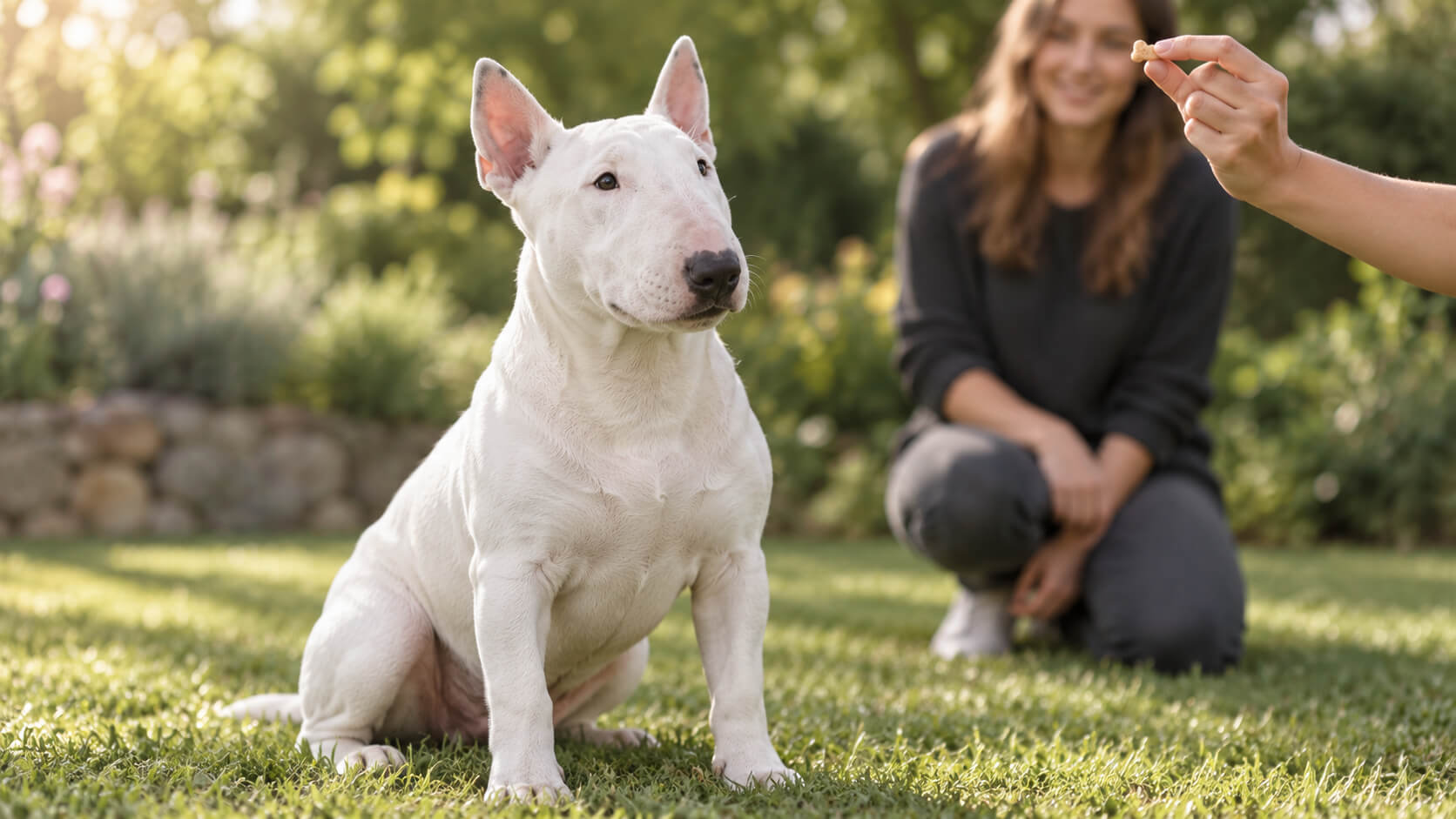 mini-bullterrier-erziehung-haltung Beim spielerischen Training im Garten sitzt ein weißer Mini Bullterrier mit kompaktem, muskulösem Körper und kurzem glattem Fell vor seinem Hundehalter und blickt auf ein Leckerli als Belohnung. Sein eiförmiger Kopf mit nach unten gewölbtem Profil und beide kleinen, natürlich aufrechten Ohren sind vollständig sichtbar.