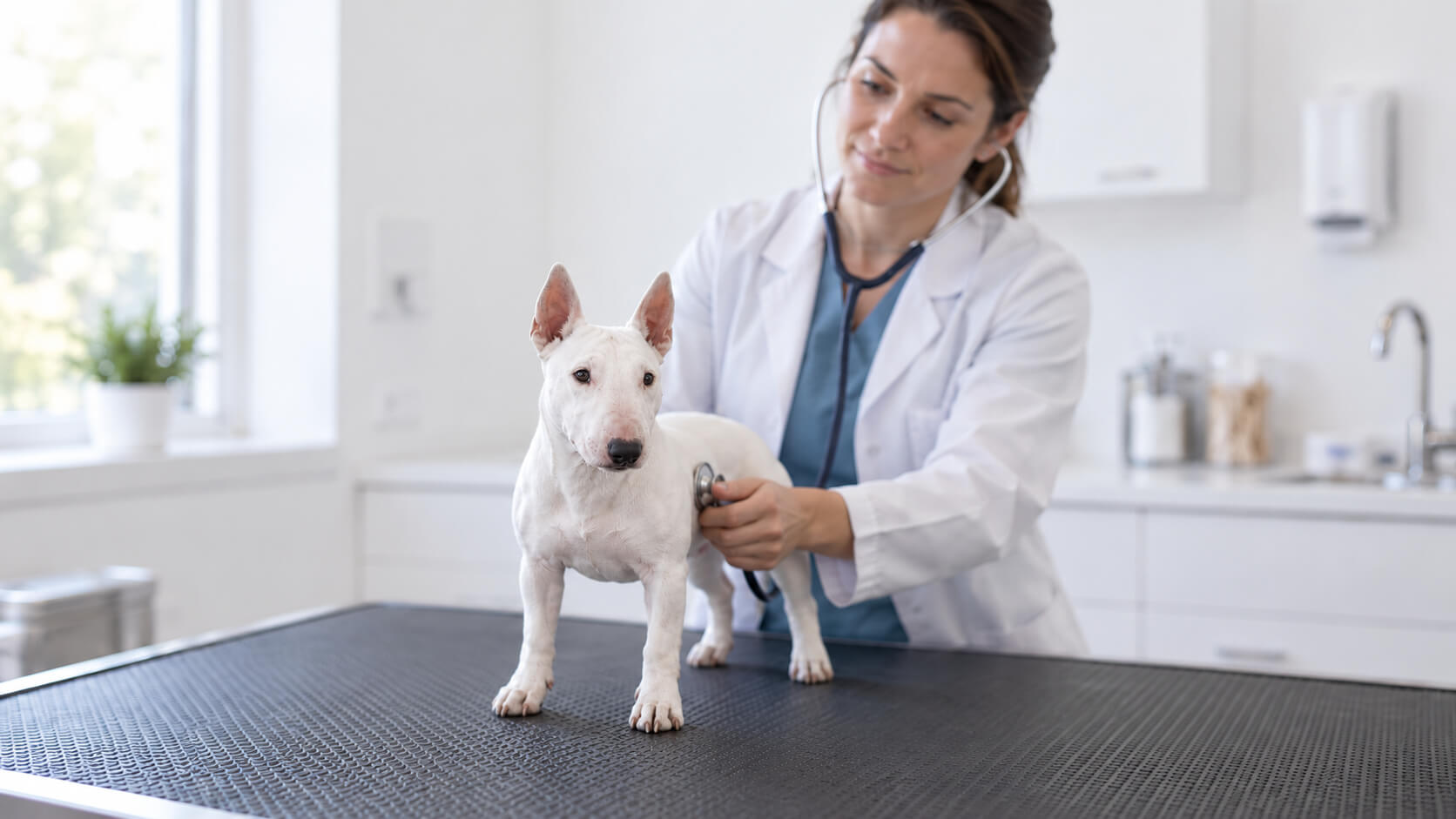 mini-bullterrier-gesundheit-haltung Ein weißer Mini Bullterrier mit kompaktem, muskulösem Körper und kurzem glattem Fell steht beim Gesundheitscheck in der Tierarztpraxis, während ein Tierarzt seinen Brustkorb mit einem Stethoskop abhört. Sein eiförmiger Kopf mit nach unten gewölbtem Profil und beide natürlichen, aufrechten Ohren sind vollständig sichtbar.