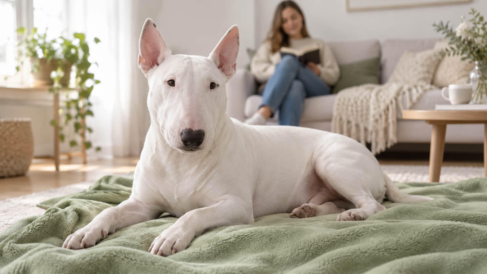 mini-bullterrier-haltung Ein weißer Mini Bullterrier mit kompaktem, muskulösem Körper, kurzem glattem Fell und eiförmigem Kopf liegt zu Hause auf einer Decke. Seine kleinen, natürlich aufrechten Ohren sind vollständig sichtbar; seine Bezugsperson sitzt auf dem Sofa im Hintergrund.