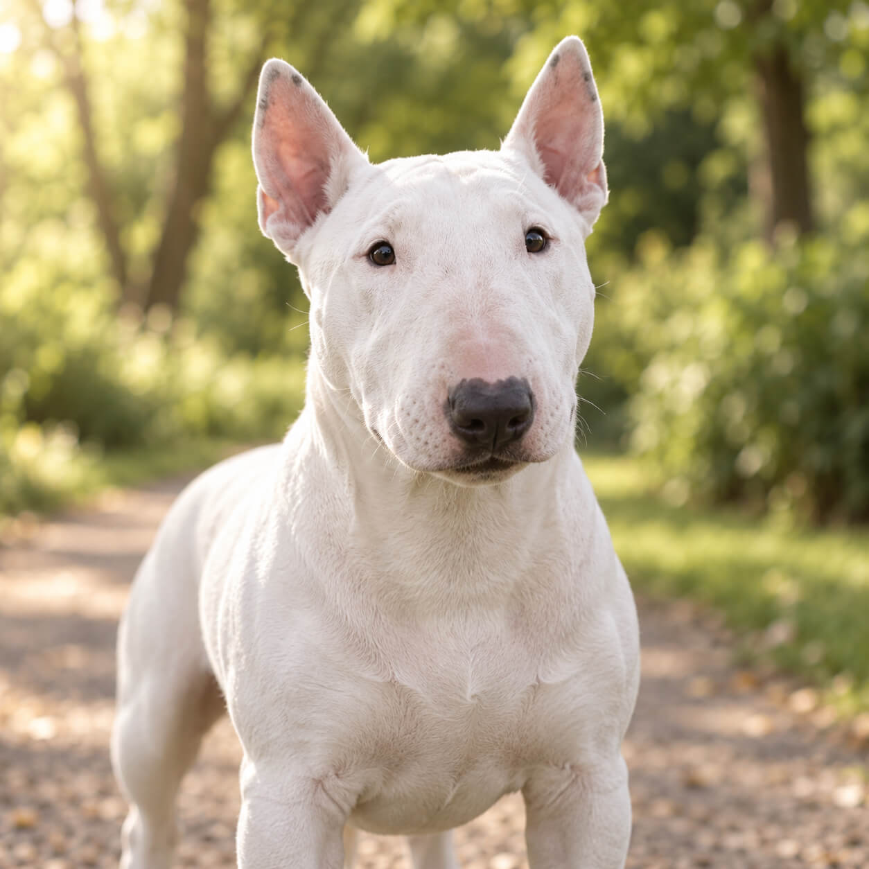 mini-bullterrier-portrait-wesen-haltung Porträt eines erwachsenen weißen Mini Bullterriers im Park: Auf Augenhöhe blickt der Hund direkt in die Kamera. Sein eiförmiger Kopf mit nach unten gewölbtem Profil (Downface), beide kleinen, dünnen, eng stehenden und natürlich aufrechten Ohren sowie Hals, Brustansatz und kurzes glattes Fell sind vollständig sichtbar.