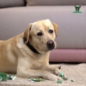 Labrador liegt vor einer Couch und hat Papier zerfetzt