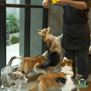 5 Hunde schauen nach Futter in einer Hundepension