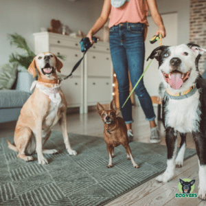 Hundesitterin mit drei Hunden an der Leine in der Wohnung
