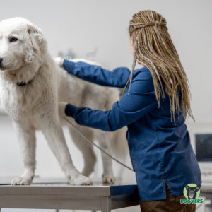 Hund auf Untersuchungstisch mit tierärztin