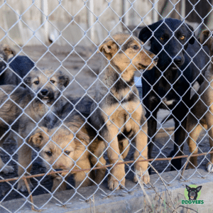 Hunde hinter einem Gitter im Tierheim oder Tierschutzverein