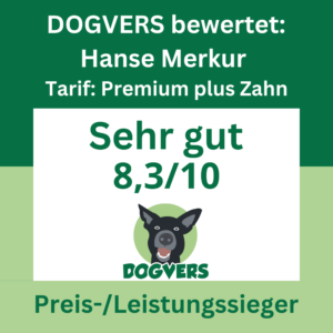 Dogvers bewertet die Hanse Merkur Krankenvollversicherung für Hunde Tarif Premium plus Zahn mit sehr gut 8,3 von 10 Punkten als Preis Leistungssieger