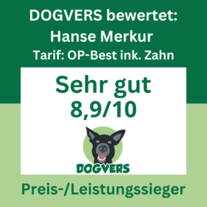 Dogvers bewertet die Hanse Merkur Krankenvollversicherung für Hunde Tarif Premium plus Zahn mit sehr gut 8,3 von 10 Punkten als Preis Leistungssieger