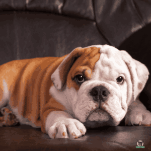 Old English Bulldog Welpe liegt auf der Couch und ist froh durch Rüchzüchtung wieder gesünder zu sein