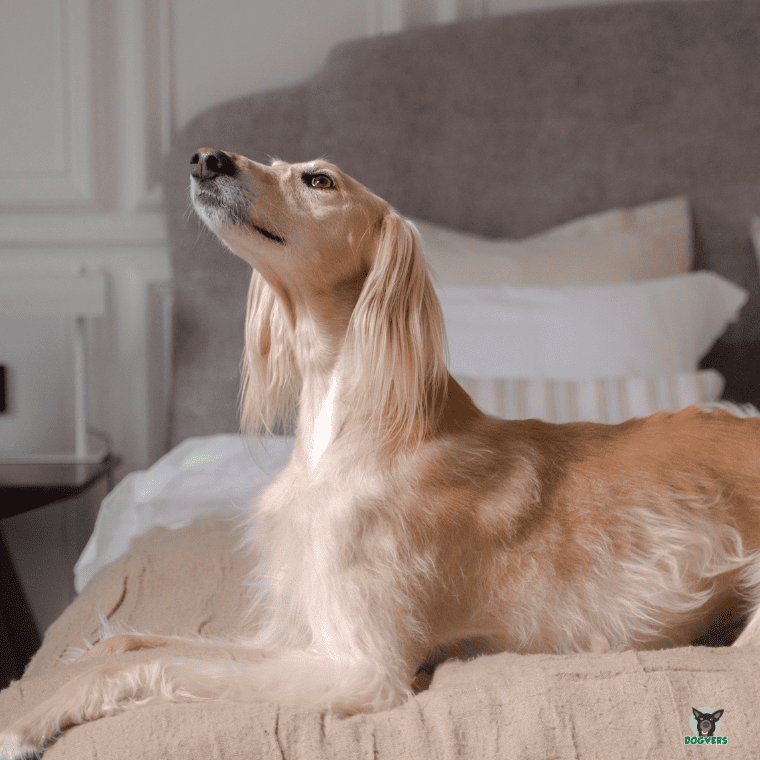 Saluki liegt auf dem Bett