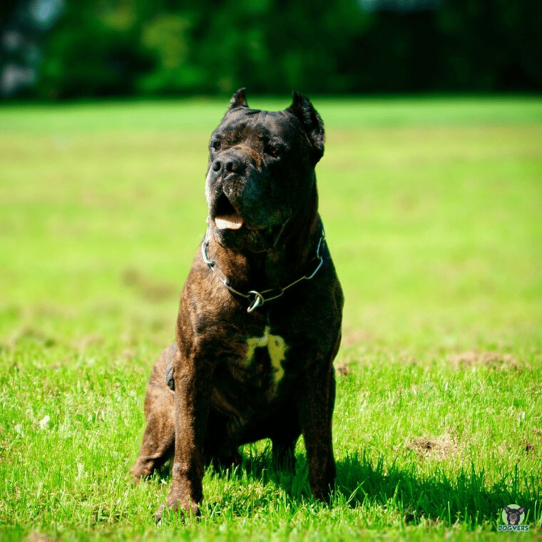 Bandog sitzend auf Wiese