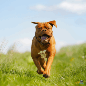 Bordeauxdogge im Lauf auf einer Wiese, zufrieden und gut versichert mit einer Hundekrankenversicherung