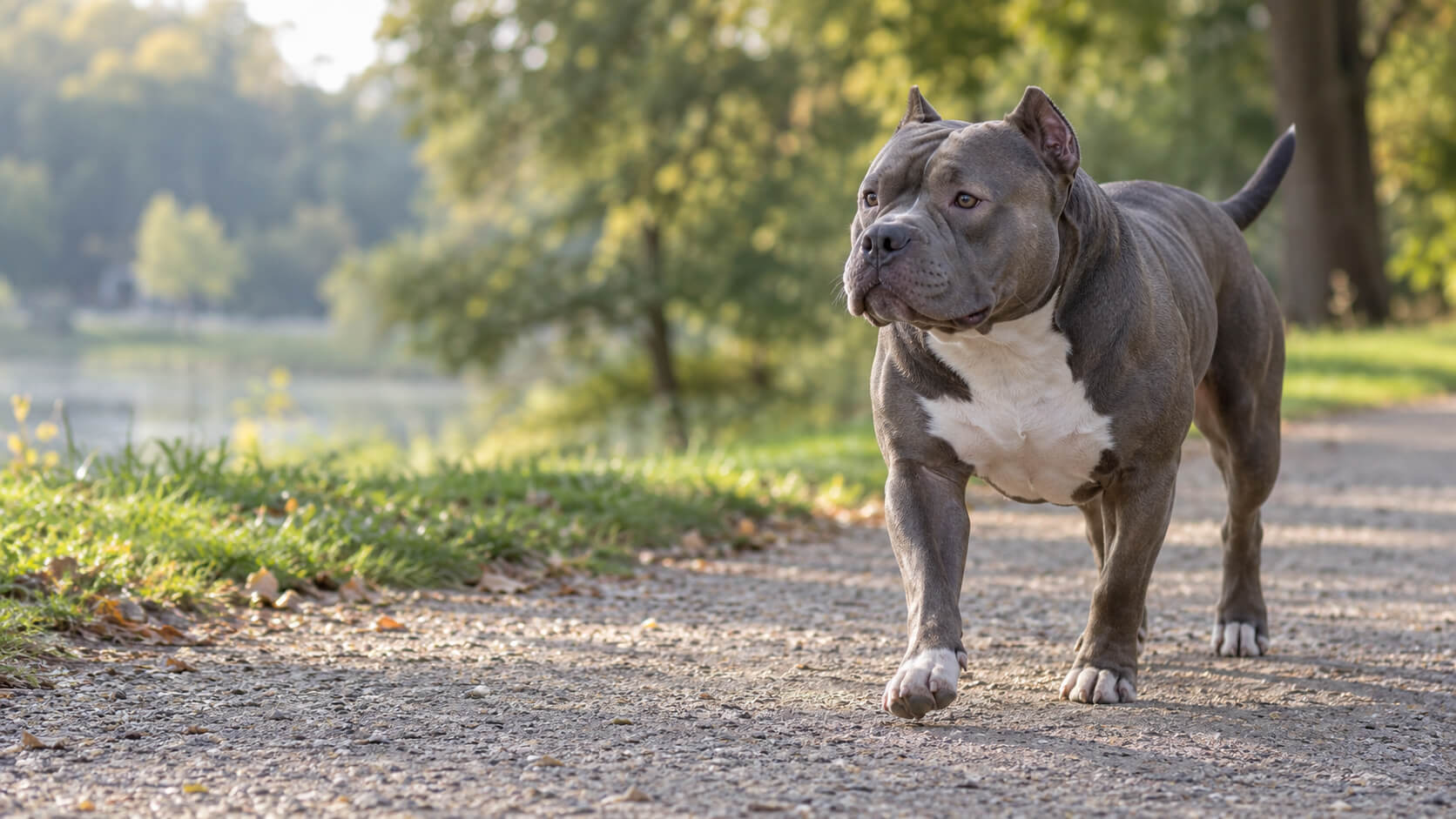 American Bully mit kurzem Fell bewegt sich auf einem Parkweg frei und aufmerksam vorwärts.