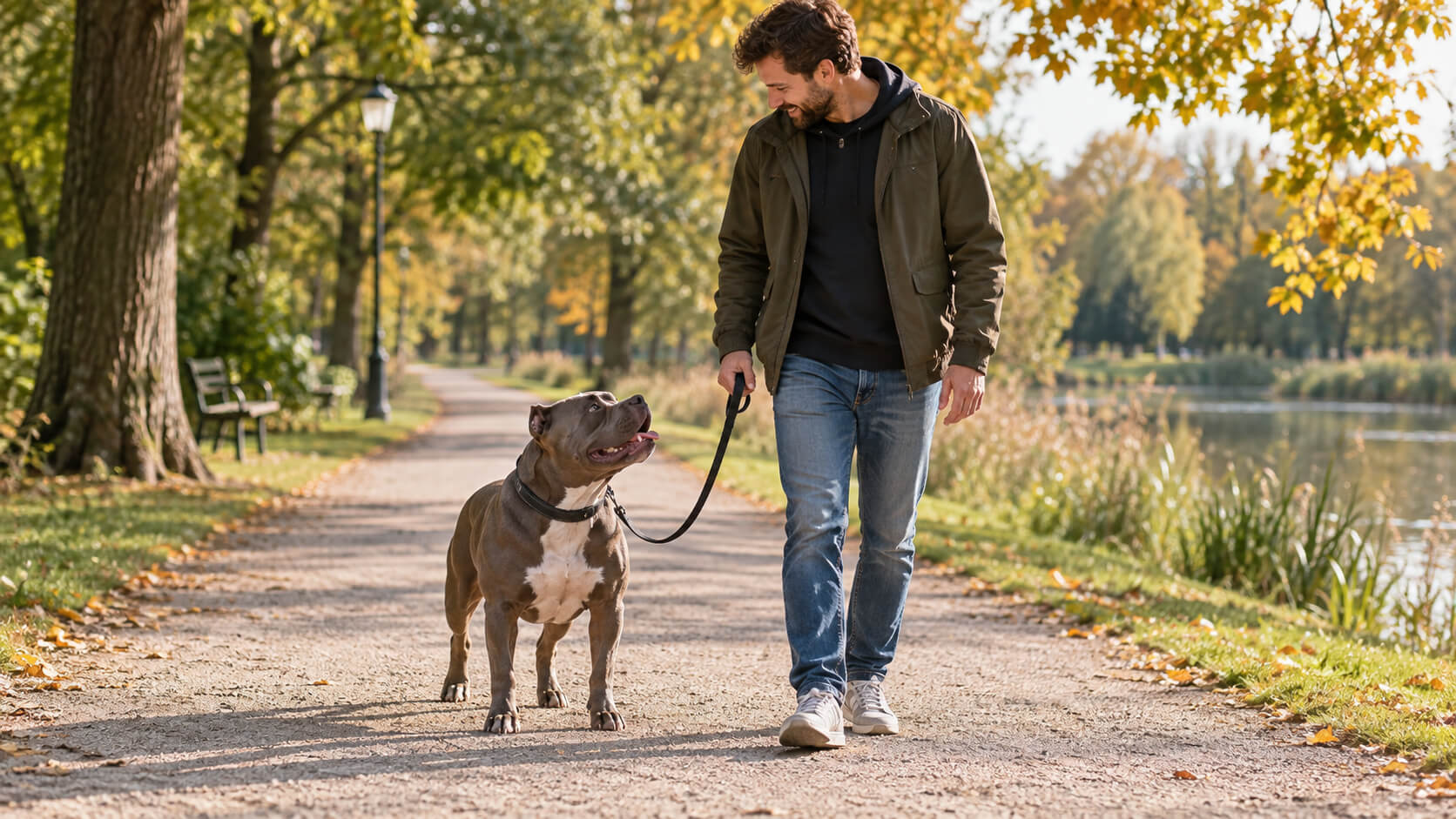 American Bully und Besitzer bei einer ruhigen Gassirunde an lockerer Leine.