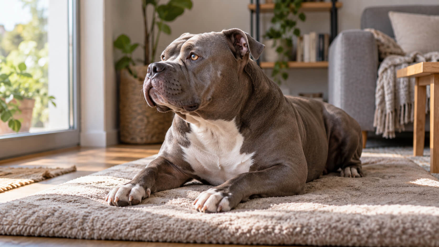 American Bully mit kurzem Fell ruht auf seinem Platz in einer hellen Wohnung.