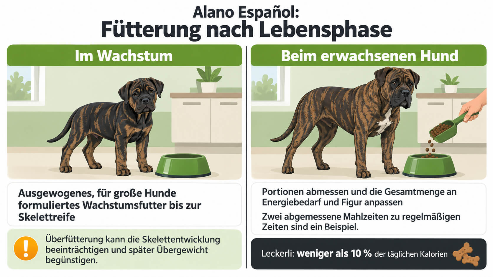 Infografik zum Alano Español mit einem schwarzen Welpen mit gestromten Abzeichen im Wachstumsfeld und einem gestromten erwachsenen Hund im Feld zur portionierten Fütterung.