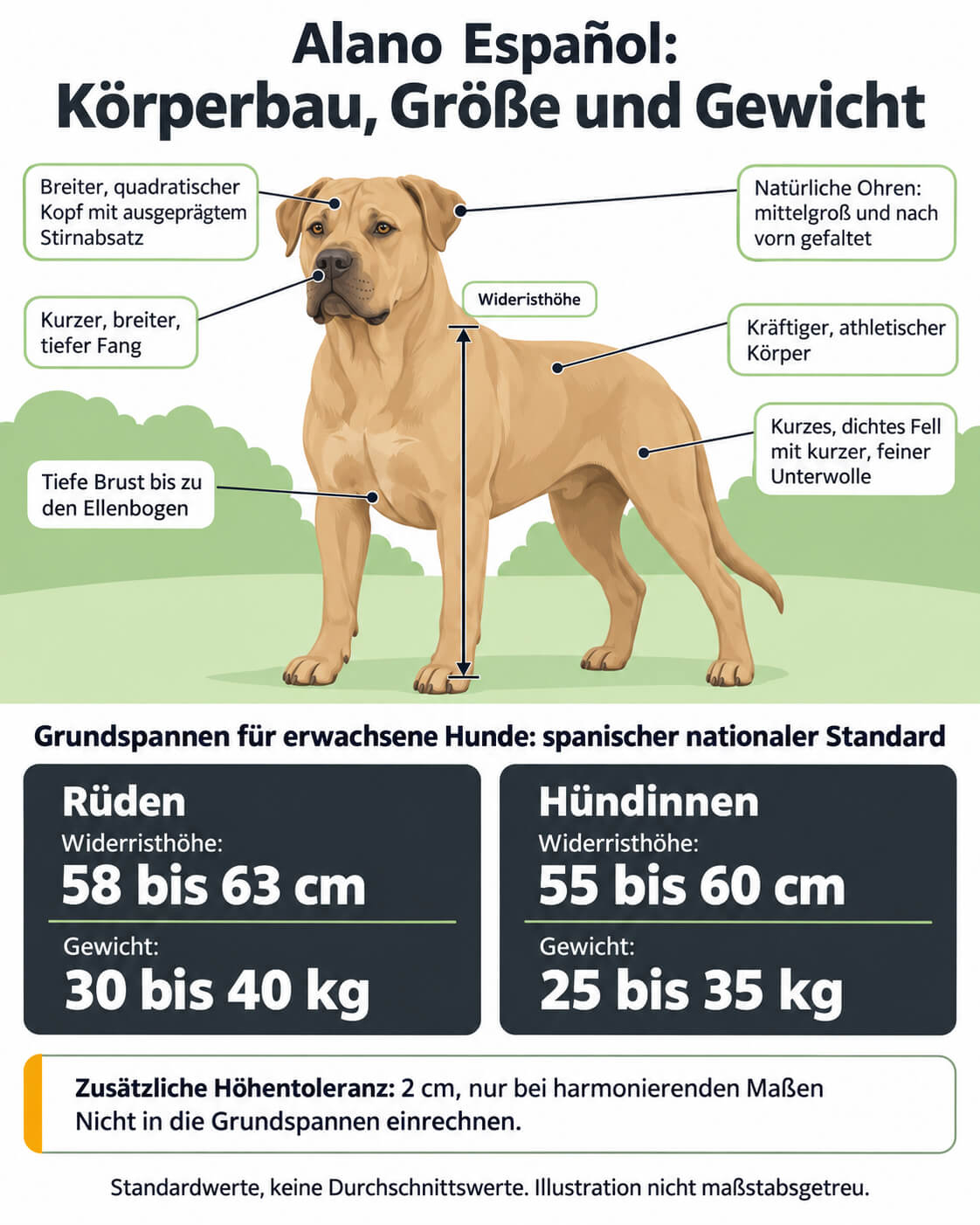 Beschriftete Infografik zum Alano Español: Ein falbfarbener erwachsener Hund zeigt Kopf, kurzen breiten Fang, natürliche gefaltete Ohren, tiefen Brustkorb und kurzes Fell. Darunter stehen die Standardspannen für Größe und Gewicht von Rüden und Hündinnen sowie die gesonderte bedingte 2-cm-Höhentoleranz.