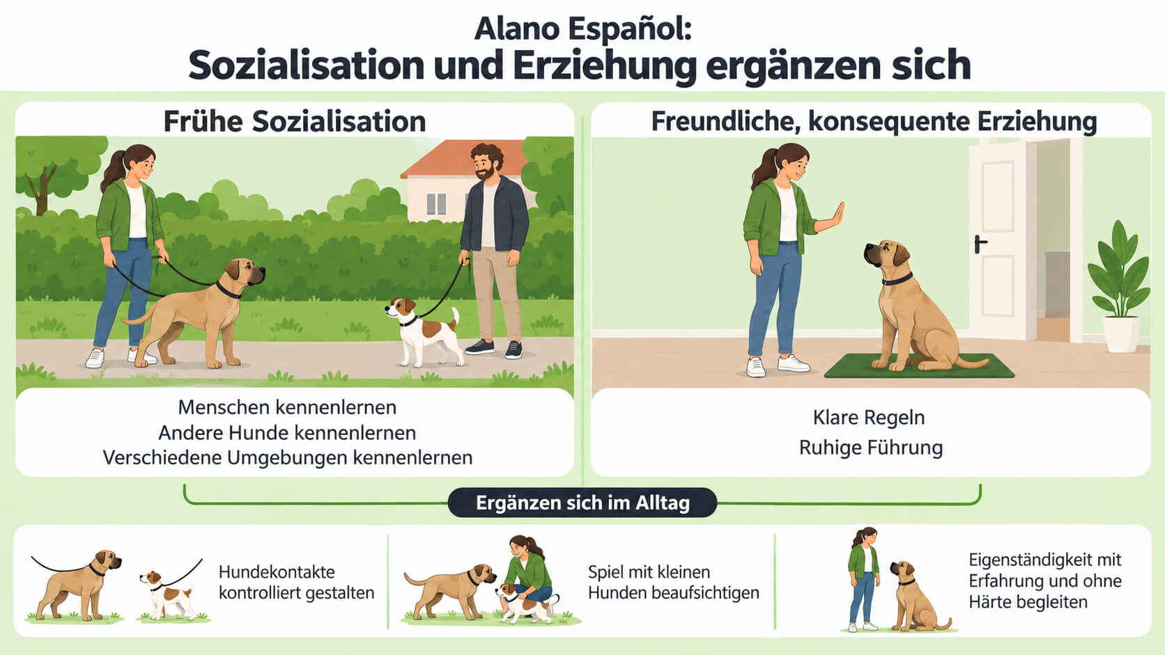 Schaubild zum Alano Español, das frühe Sozialisation und freundliche, konsequente Erziehung als ergänzende Teile der Führung zeigt.