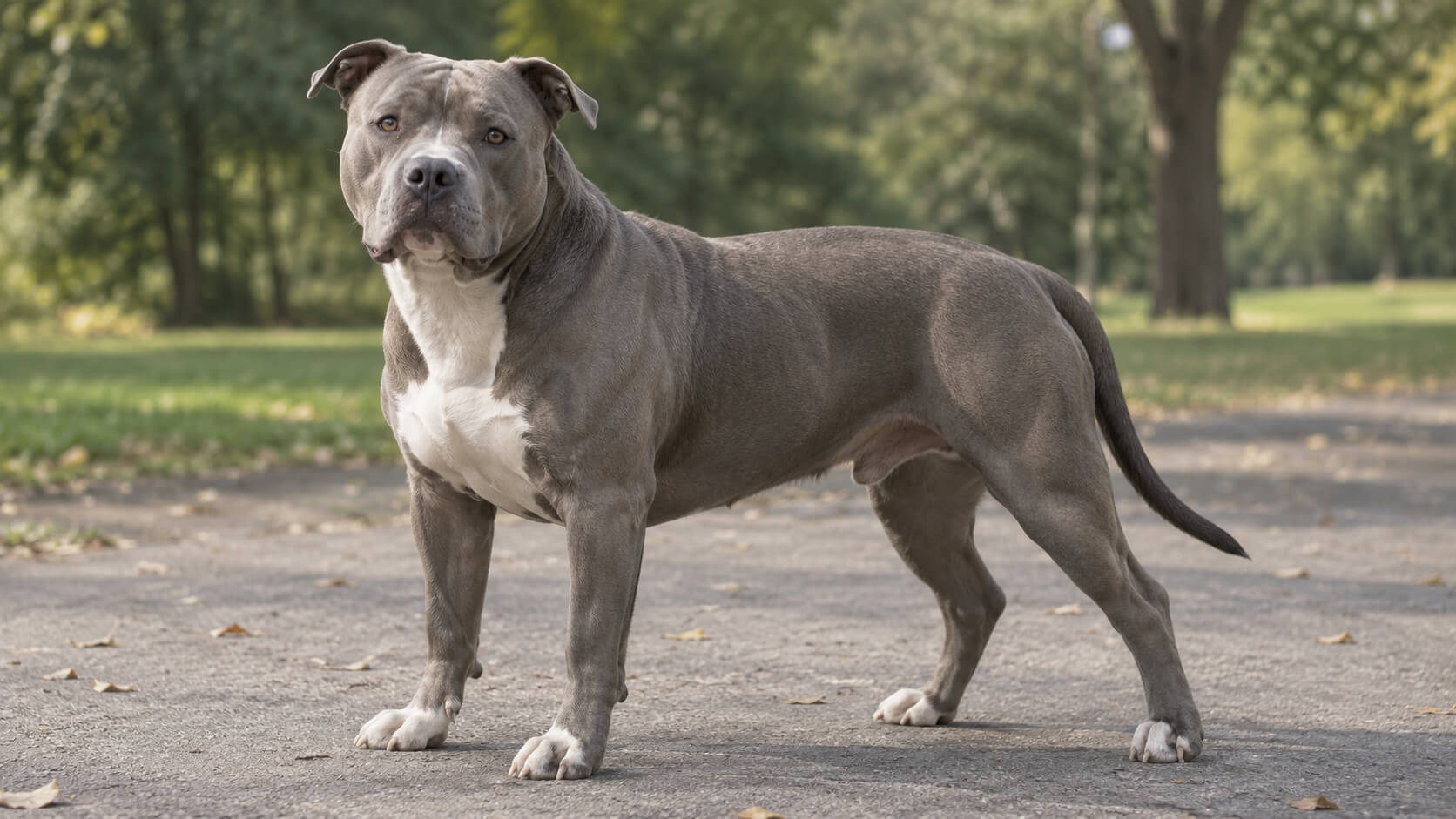 American Bully XL in seitlicher Ganzkörperansicht auf einer Parkfläche, mit breitem Kopf und vollständig sichtbaren natürlichen Ohren und Rute.